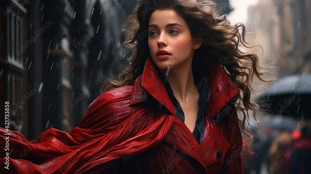 woman in red in the rain