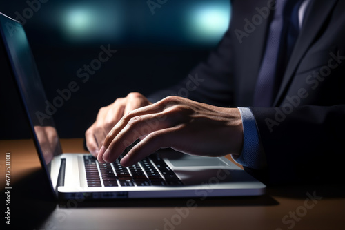 Close up of businessman working on laptop computer in office
