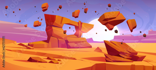 Mars desert landscape with floating rock vector illustration. Martian boulder terrain with rocky arch cartoon background. Monument formation construction in drought sand space place environment