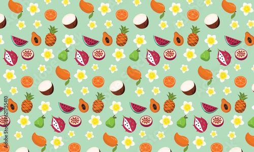 vector seamless pattern with tropical fruit. pear, pineapple, passion fruit, coconut, papaya, mango, orange, pitaya, pitahaya