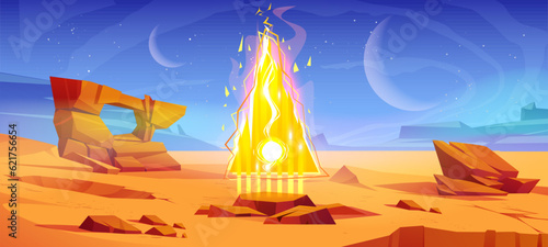 Space desert with magic portal. Vector cartoon illustration of alien planet landscape with stones, yellow light triangle glowing on fantastic platform, stars in night sky. Adventure game background