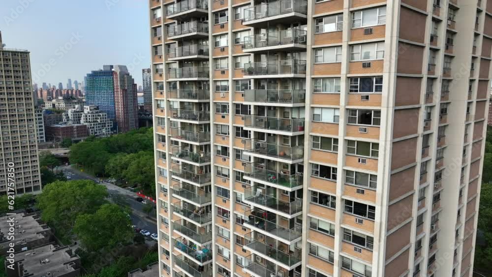 Apartment building in New York City. Tall housing. Aerial rising shot with orbit. Apartment building in New York City. Tall housing. Aerial rising shot with orbit.