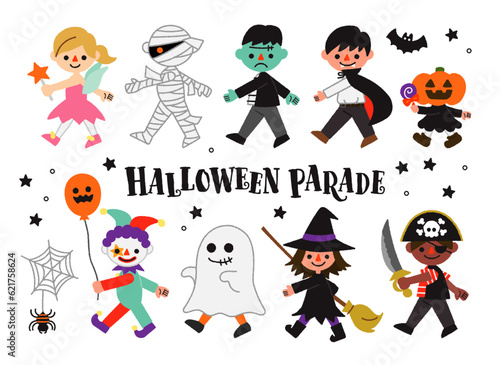ハロウィンの仮装パレード／ゆるくてかわいい手書きのベクターイラスト