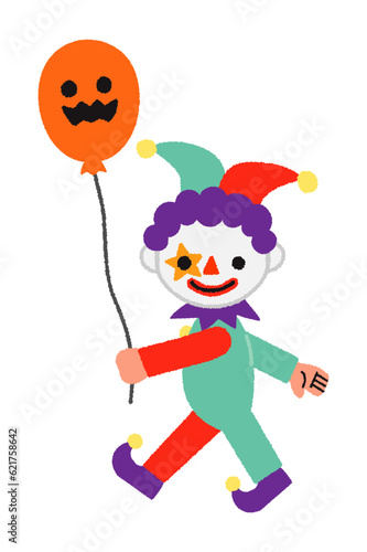 歩くピエロ・道化師／ハロウィン／ゆるくてかわいい手書きのベクターイラスト