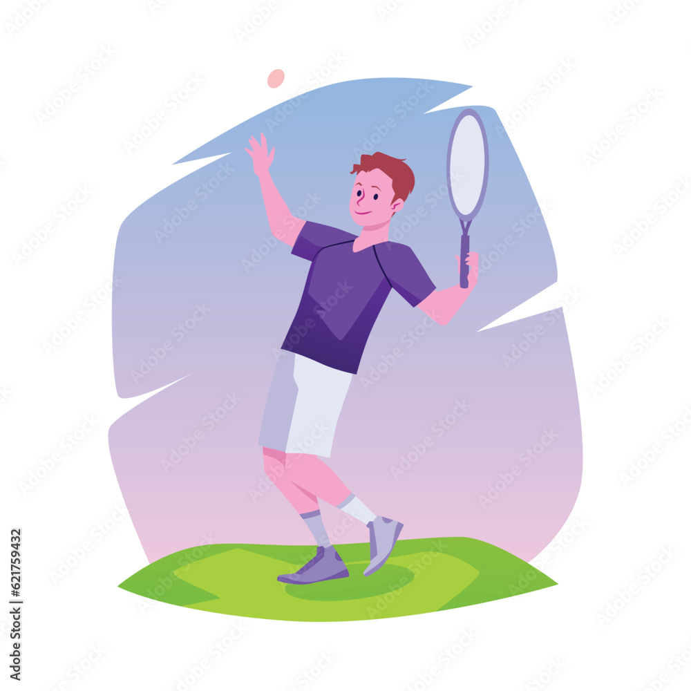 Tennis player man getting ready to hit the ball on the lawn, vector cartoon illustration isolated on white background Tennis player man getting ready to hit the ball on the lawn, vector cartoon illustration isolated on white background