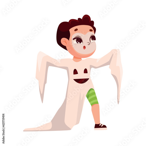 Cute Boy in Bright Halloween Ghost Costume Celebrate Holiday Vector Illustration © Happypictures