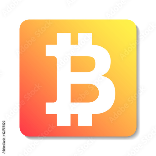 Bitcoin vector glyph. BTC square vector icon. White symbol on orange gradient background.