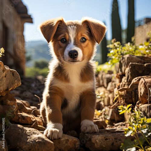 A curious puppy (Canis lupus familiaris) exploring a stone pathway in a picturesque garden in Tuscany, under the warm sun.