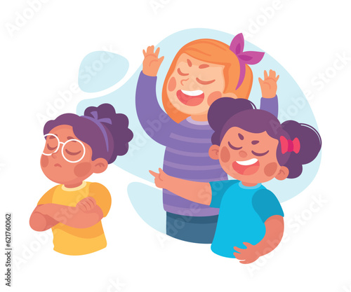 Offensive Girl Bullying and Abusing Unhappy Agemate Teasing Vector Illustration