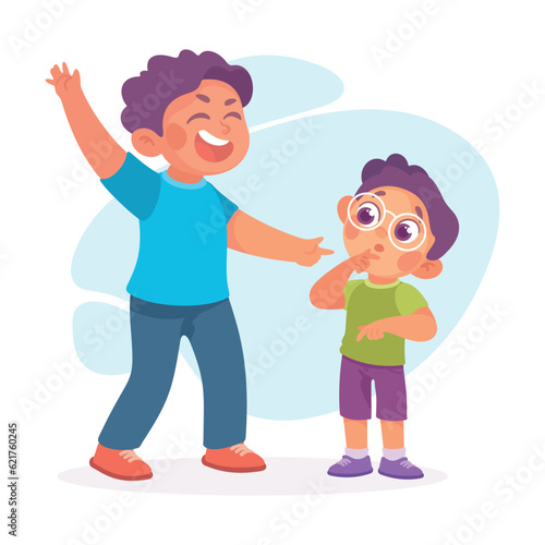 Offensive Boy Bullying and Abusing Unhappy Agemate Teasing Vector Illustration