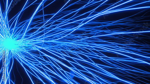 Glowing blue cables, networking and computer design. © TJ