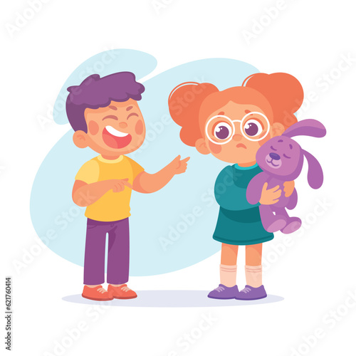 Offensive Boy Bullying and Abusing Unhappy Girl Agemate Teasing Vector Illustration