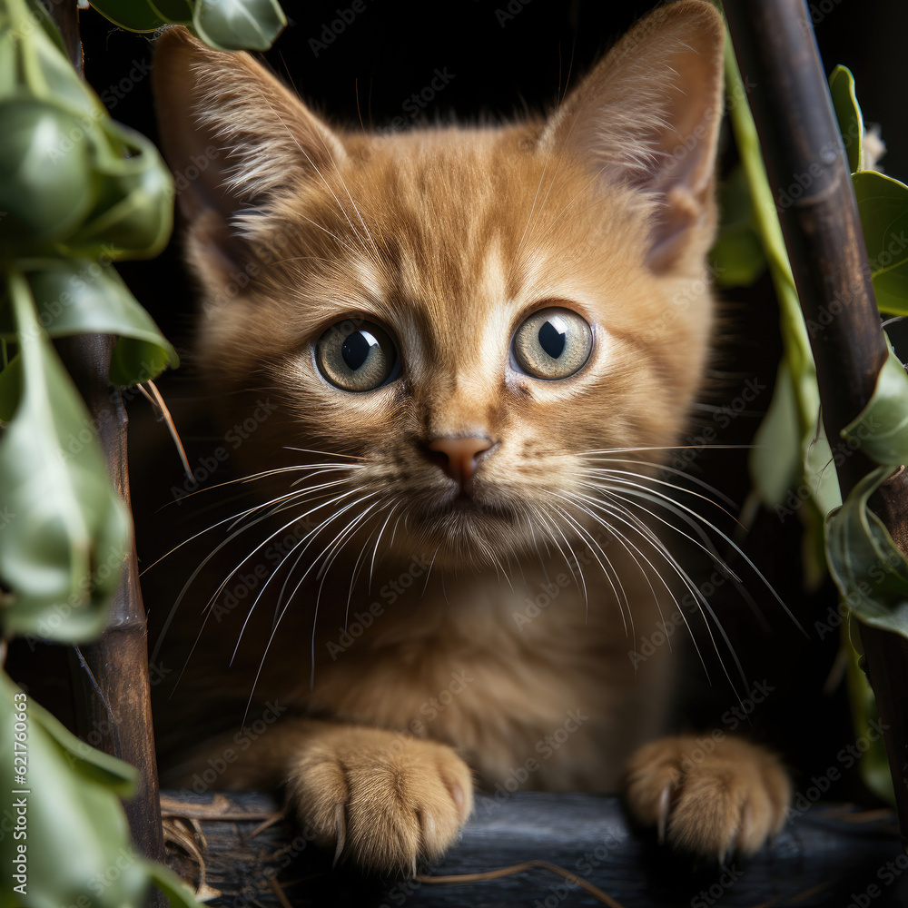 An adventurous Burmese kitten (Felis catus) climbing a cat tree.