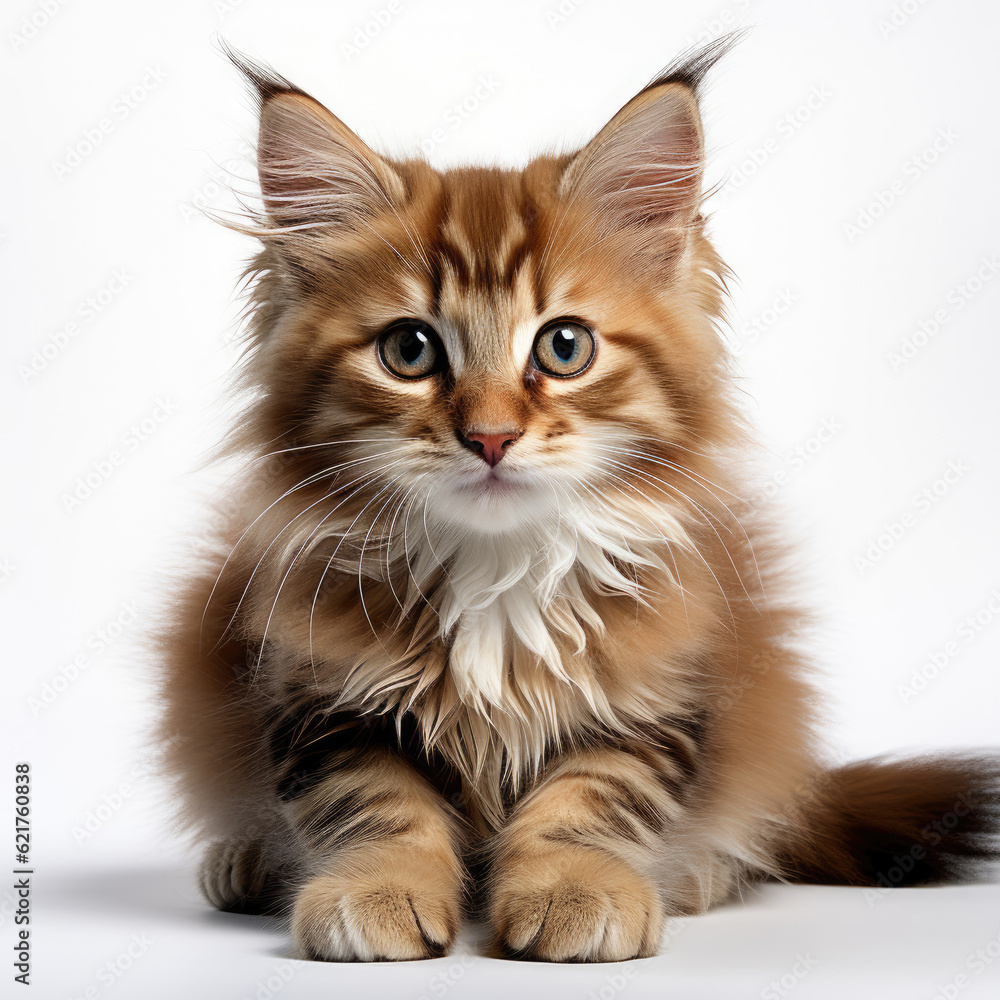 A relaxed Siberian Forest Cat kitten (Felis catus) lounging in a comfortable position.