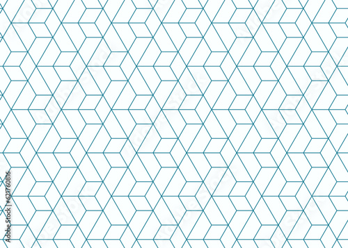 Blue and white outlined 3d cube seamless pattern. Isometric cubic polygons line art vector illustration.