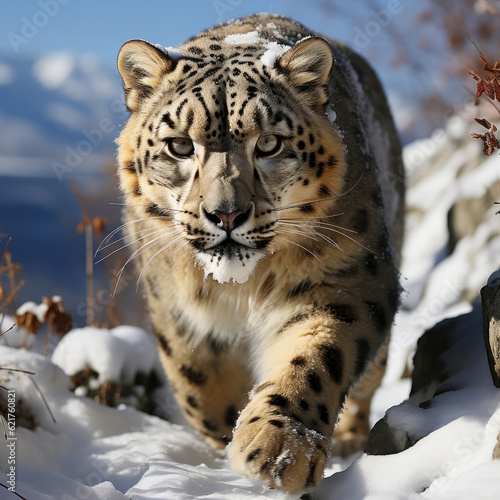 An elusive snow leopard  Panthera uncia  traversing the rugged mountainous terrain. Taken with a professional camera and lens.