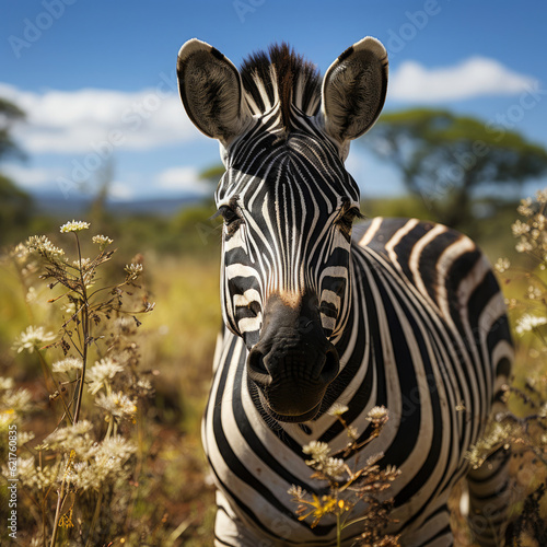 A grazing zebra (Equus quagga) peacefully feeding on the grassland. Taken with a professional camera and lens.