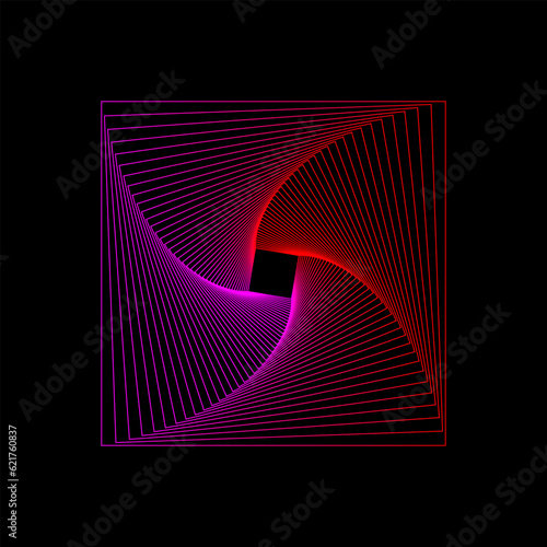 Pink and red square wireframe spirograph isolated on black background. Squarish technology tunnel spiral vector illustration.