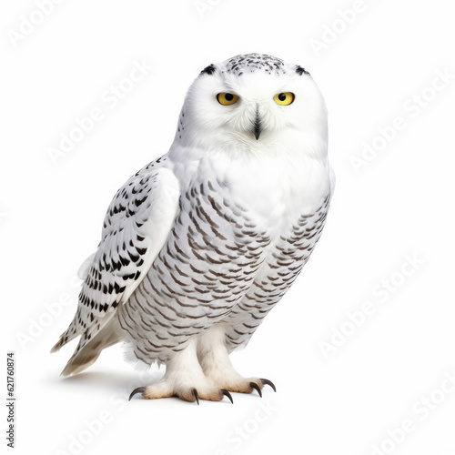 A glistening Snowy Owl (Bubo scandiacus) in a poised stance. © blueringmedia