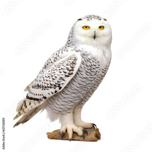 A glistening Snowy Owl (Bubo scandiacus) in a poised stance.