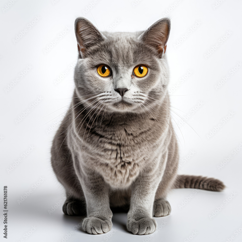 A Chartreux cat (Felis catus) with captivating dichromatic eyes.