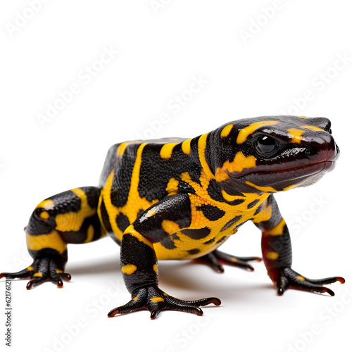 A vibrant Fire Salamander (Salamandra salamandra) in a striking pose.