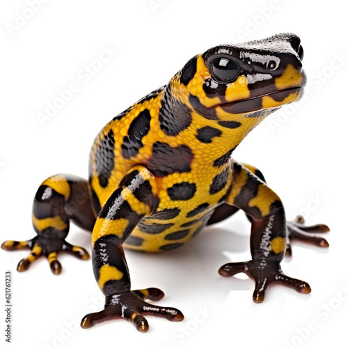 A vibrant Fire Salamander (Salamandra salamandra) in a striking pose.