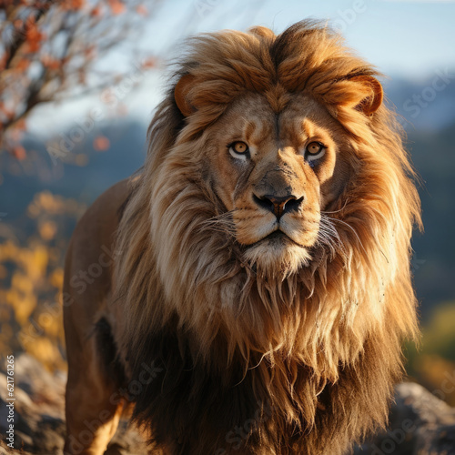 A majestic lion  Panthera leo  standing proudly in its natural habitat. Taken with a professional camera and lens.