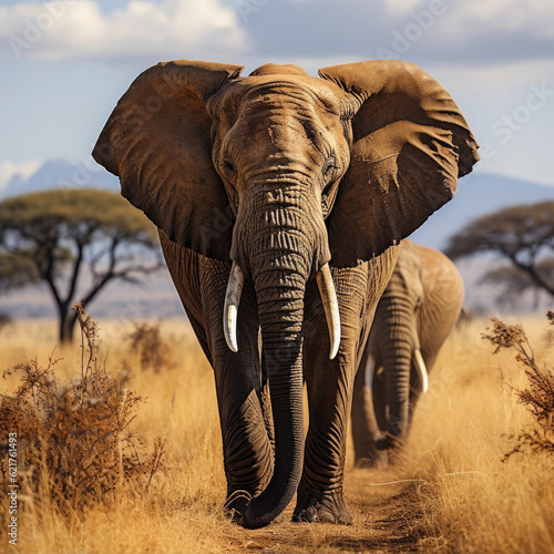 A majestic African elephant (Loxodonta africana) peacefully grazing in the vast savanna grassland. Taken with a professional camera and lens.