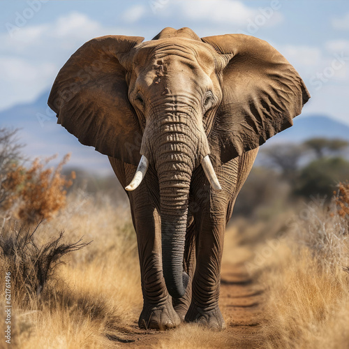 A majestic African elephant (Loxodonta africana) peacefully grazing in the vast savanna grassland. Taken with a professional camera and lens. © blueringmedia