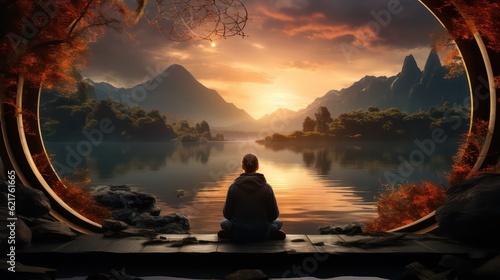 Serene Nature Scene with a Peaceful Meditator by a Calming Lake © Usablestores