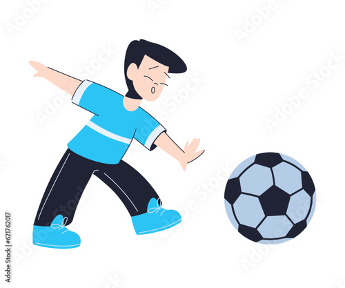 Happy Boy Playing Football Having Fun Vector Illustration