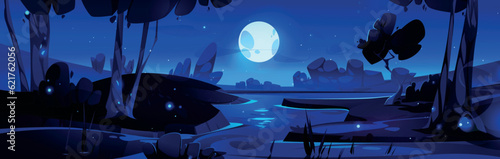Night landscape with river flowing in valley. Vector cartoon illustration of beautiful natural scenery, full moon and stars glowing in dark sky, reflection on water surface, trees and bushes on banks