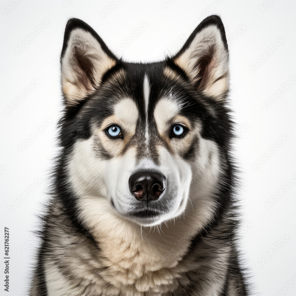 A Siberian Husky (Canis lupus familiaris) with dichromatic eyes sitting confidently. A Siberian Husky (Canis lupus familiaris) with dichromatic eyes sitting confidently.