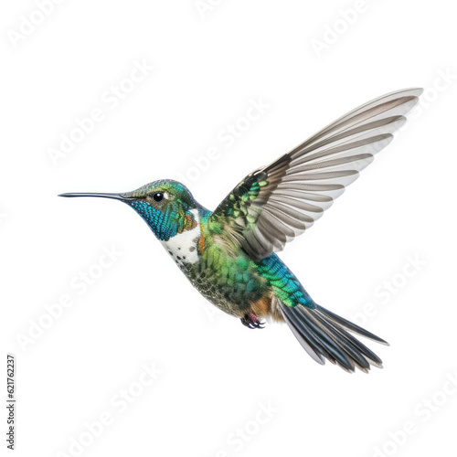 A dynamic Hummingbird (Trochilidae) hovering in mid-air.