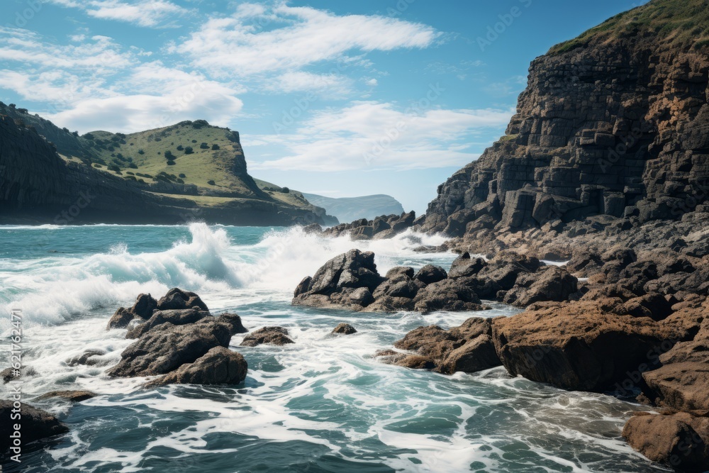 Fototapeta premium Rocky Shorelines With Crashing Waves, Generative AI