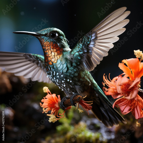 A mesmerizing hummingbird (Trochilidae) hovering near a flower in the lush rainforest canopy. © blueringmedia