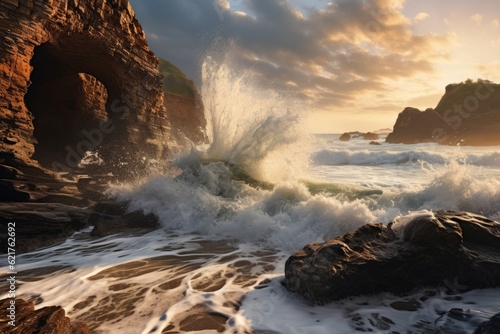 Rocky Shorelines With Crashing Waves, Generative AI © Formatikastd