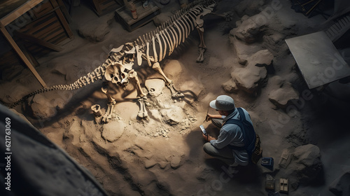 Archeologists discover fossil, excavation digging site concept. Archeolog man working on Paleontologist cleaning skeleton dinosaur tyrannosaurus, top view. Generation AI