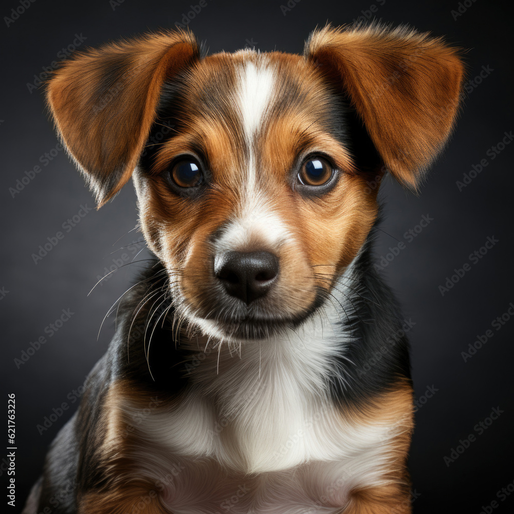 An alert Jack Russell puppy (Canis lupus familiaris) with attentive eyes and perked-up ears.