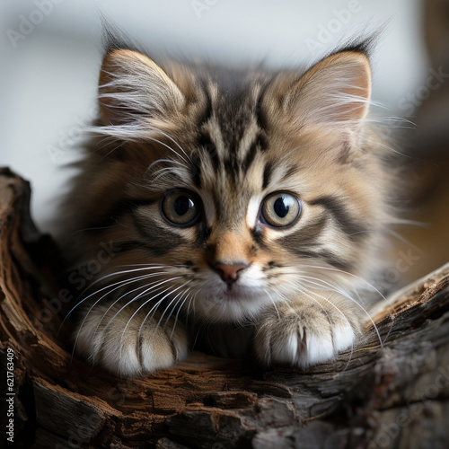 An adventurous Siberian Forest Cat kitten (Felis catus) climbing a cat tree. © blueringmedia