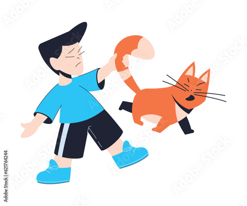 Naughty Boy Pull Cat Tail Have Bad Behaviour Vector Illustration