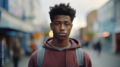 Cool sad lonely young African American guy standing at city street, generative ai