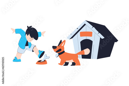 Naughty Boy Step on Dog Food Bowl Have Bad Behaviour Vector Illustration