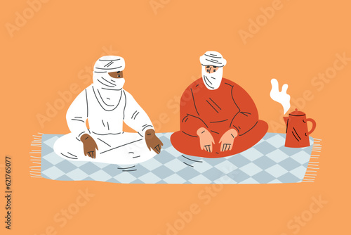 Man Tourist Camping in Desert Sitting and Talking on Blanket Vector Illustration
