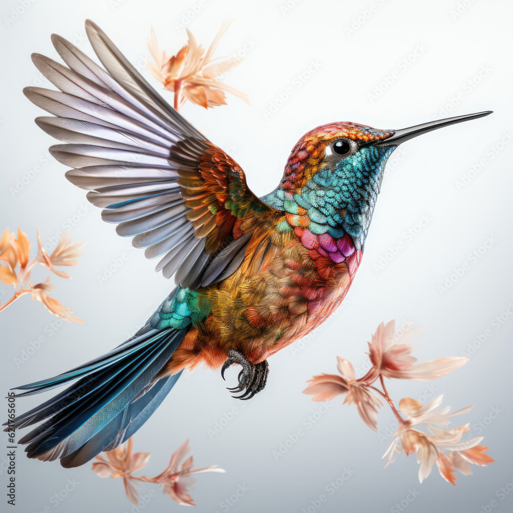 Obraz premium A magnificent closeup shot of a Hummingbird (Trochilidae) highlighting its high detail feathers and iridescent colors.