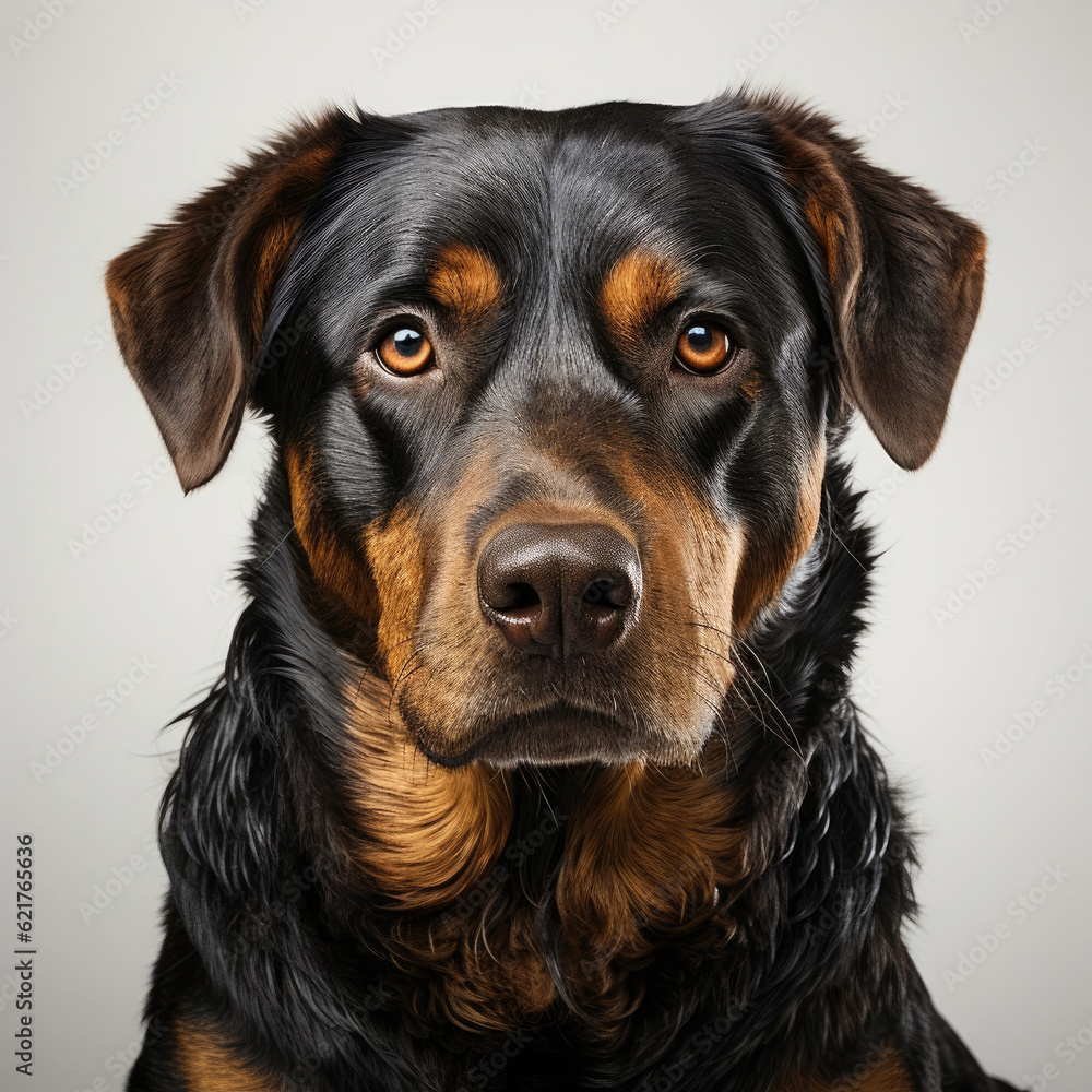 A Rottweiler (Canis lupus familiaris) with intriguing dichromatic eyes. A Rottweiler (Canis lupus familiaris) with intriguing dichromatic eyes.