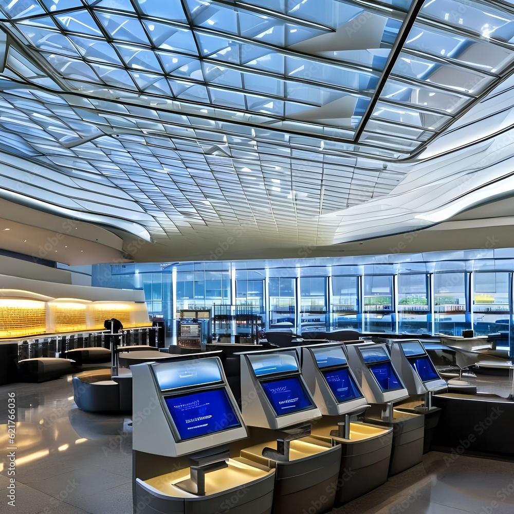 Fototapeta premium 16 A futuristic airport terminal with a soaring glass ceiling, efficient self-check-in kiosks, and comfortable lounges with modern amenities2, Generative AI