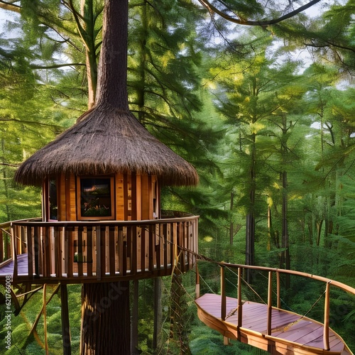 6 A whimsical treehouse suspended amidst tall trees, with rope bridges, fairy lights, and a magical interior filled with nooks and crannies4, Generative AI