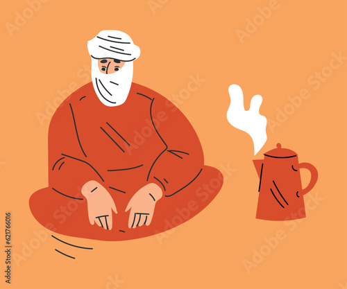 Man Tourist Camping in Desert Sitting Near Hot Teapot Vector Illustration